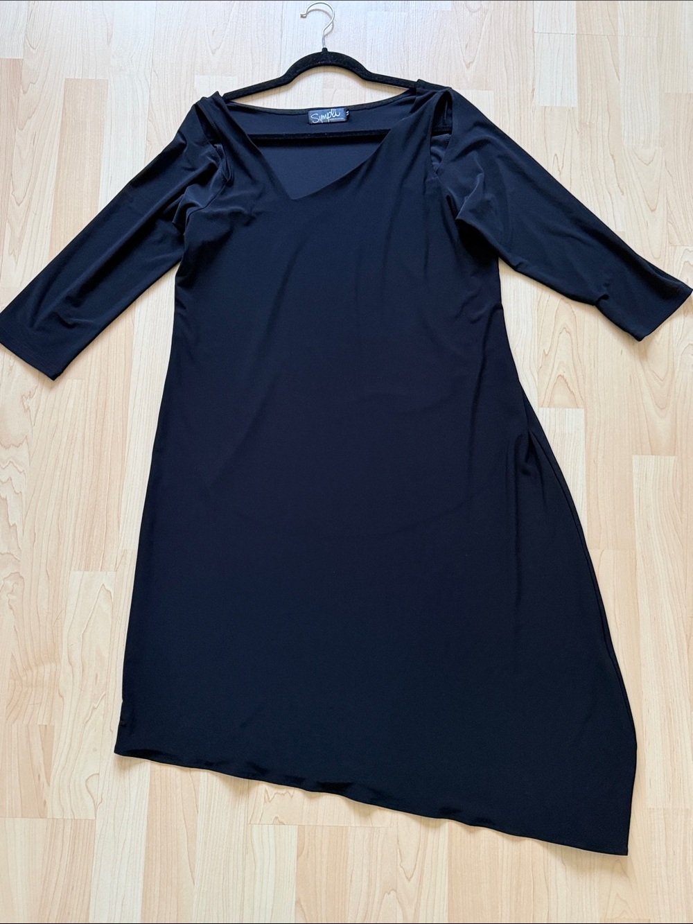Sympli Black asymmetrical neck & bottom hem midi dress, size 14